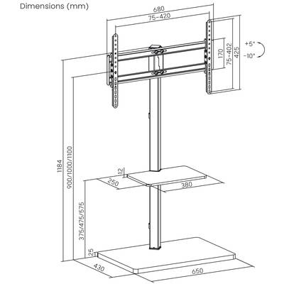 Diagramm eines TV-Ständers mit Maßen in Millimetern. Höhenverstellbar von 900 bis 1184 mm, Breite 650 mm, Tiefe 430 mm. Neigbar um +5°/-10°.