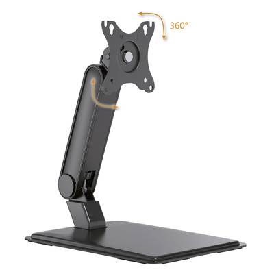 Ein schwarzer Monitorständer mit drehbarer Halterung zeigt eine 360°-Schwenkfunktion.