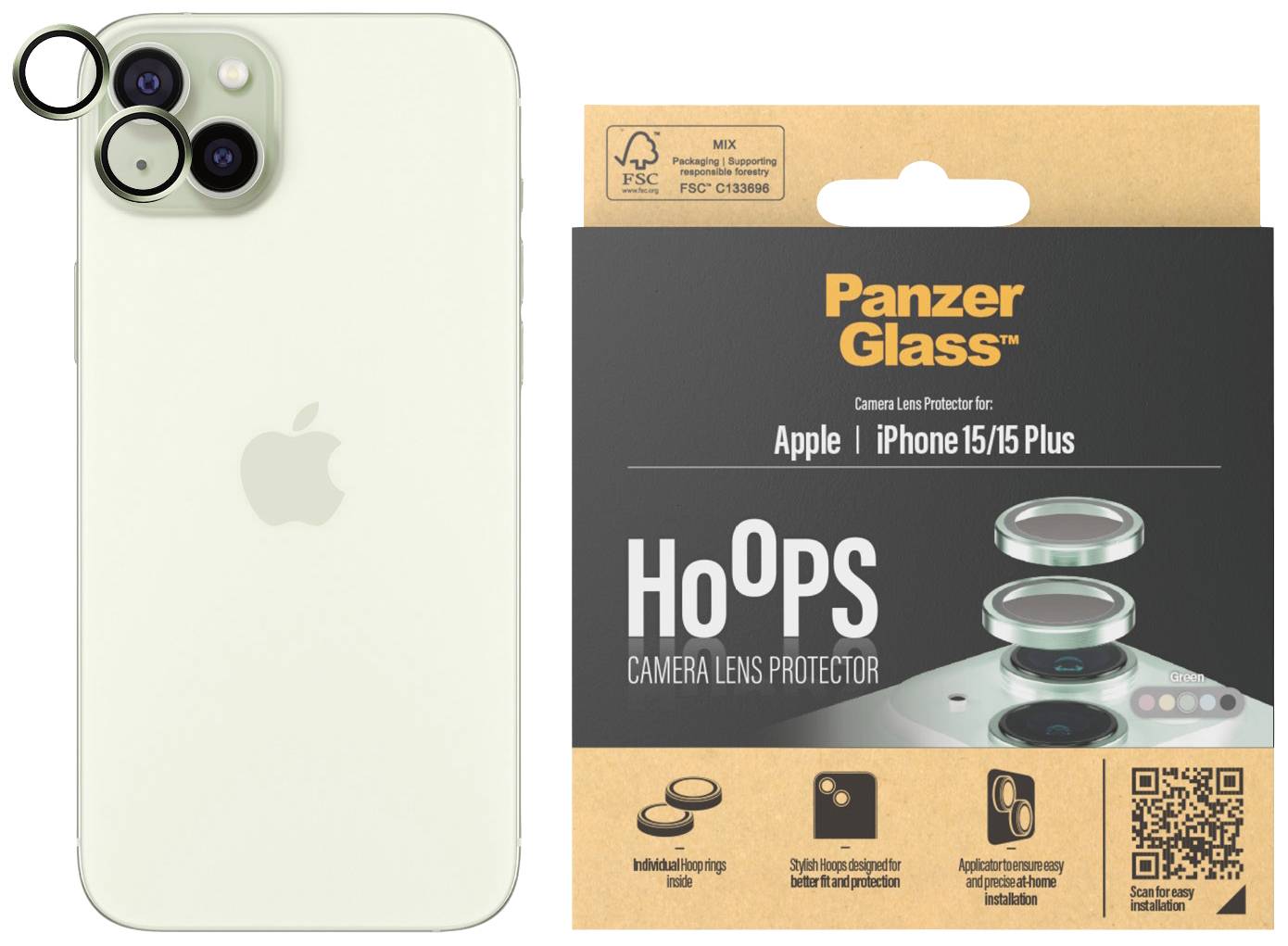Ein iPhone mit Kameralinse, daneben eine Verpackung von 'Panzer Glass HoOPS', einem Kameraobjektivschutz für iPhone 15/15 Plus.