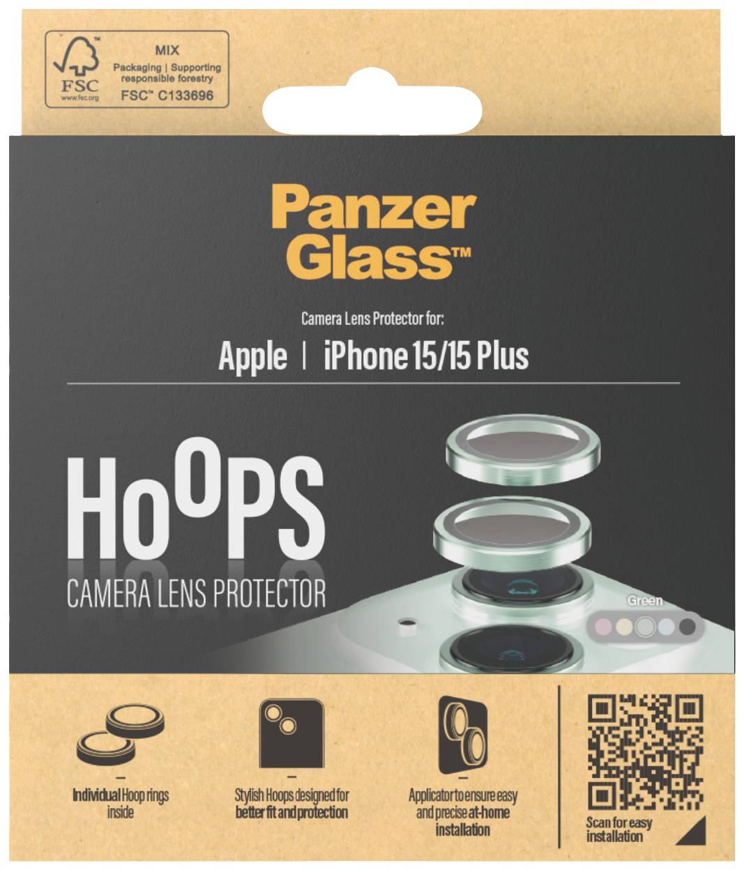 Verpackung eines PanzerGlass Kameraobjektivschutzes für Apple iPhone 15/15 Plus. Enthält Hoops-Ringe für Objektivschutz.