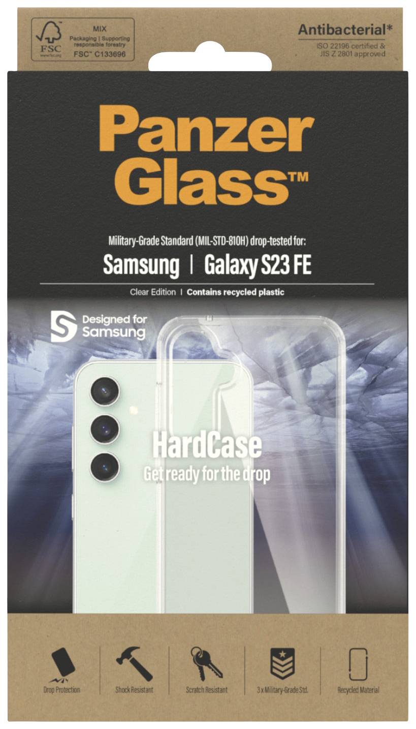 Handyverpackung aus Pappe mit durchsichtigem Hardcase für Samsung Galaxy S23 FE. Text: 'Ready for the drop', antibakterielle Eigenschaften.