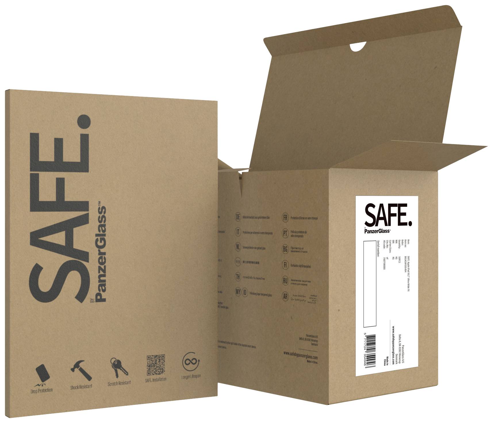 'Zwei Pappkartons mit Aufschrift SAFE. von PanzerGlass, einer geöffnet mit Symbolen für Anwendungen; der andere geschlossen.'