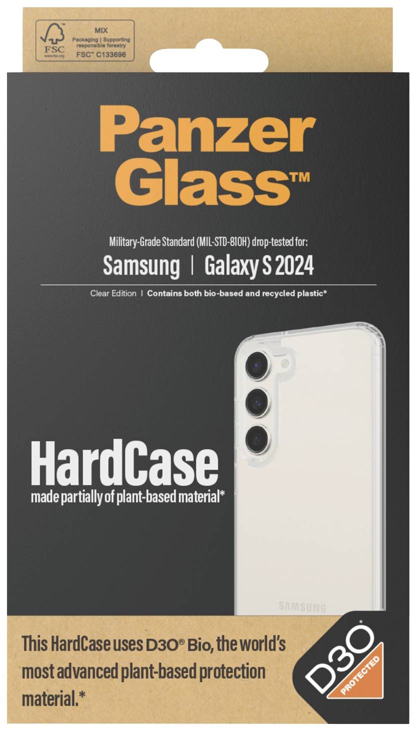 Verpackung eines PanzerGlass HardCase für Samsung Galaxy S 2024, hergestellt aus teilweise pflanzenbasiertem Material.