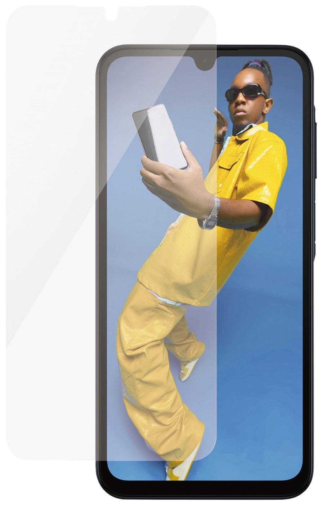 Ein Smartphone mit Schutzfolie zeigt eine Person in gelber Kleidung vor blauem Hintergrund, die eine dynamische Pose einnimmt.