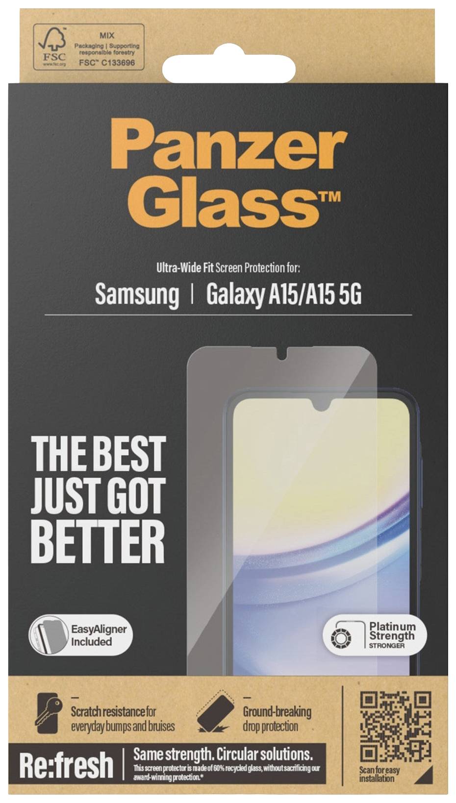 Verpackung eines Telefon-Schutzglases für Samsung Galaxy A15/A15 5G. Enthält EasyAligner, verspricht stärkeren Schutz.