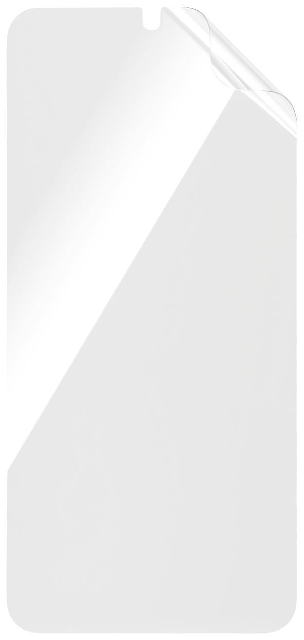 Ein transparentes Displayschutzfolie in rechteckiger Form, teilweise abgezogen, zeigt die Schutzfunktion für ein Smartphone-Display.