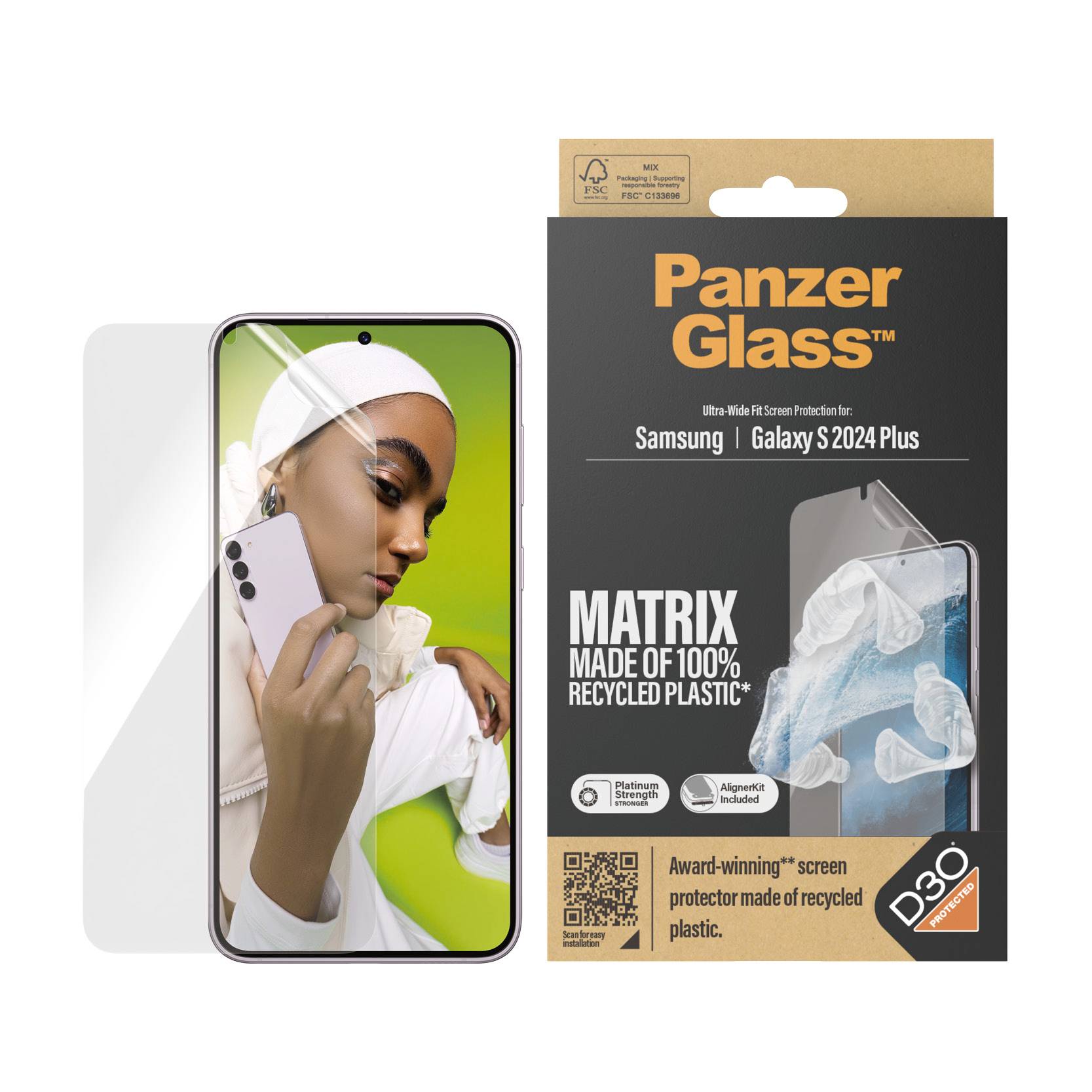 'Panzer Glass' Schutzfolie und Verpackung für Samsung Galaxy S2024 Plus, aus 100% recyceltem Kunststoff, mit Produktabbildung.
