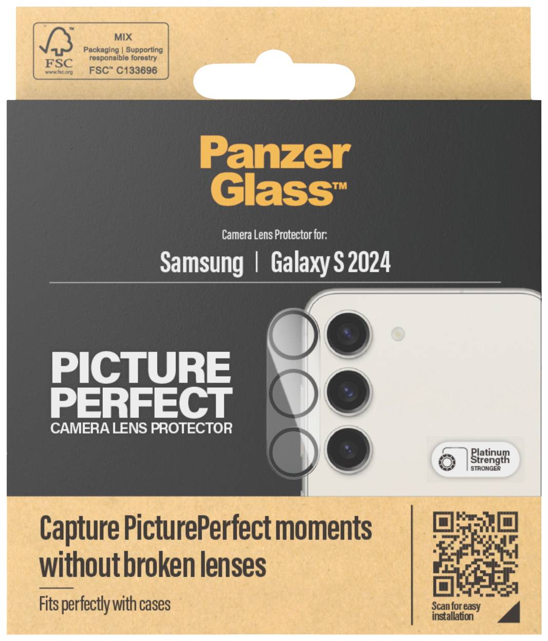 'PanzerGlass Kameraschutz für Samsung Galaxy S2024.' Verpackung mit Bild des Produkts. Text: 'Capture PicturePerfect moments without broken lenses.'