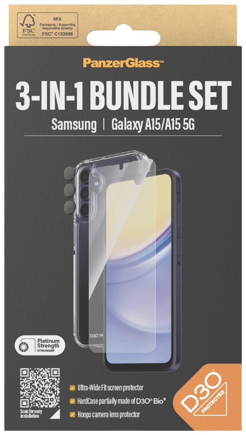 PanzerGlass Verpackung zeigt ein '3-in-1 Bundle Set' für Samsung Galaxy A15/A15 5G. Beinhaltet Displayschutz, Rückenschale und Kameraschutz.