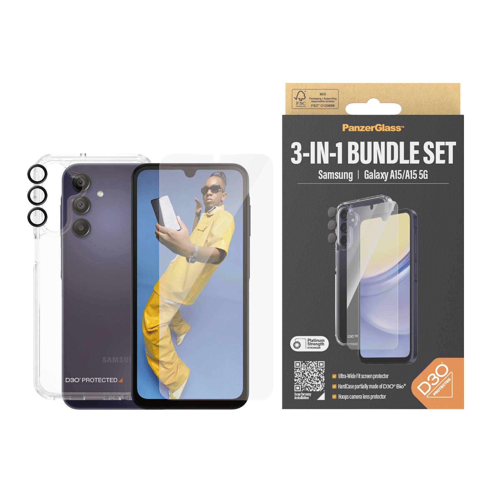 '3-in-1 Bundle Set' für Samsung Galaxy A15/A15 5G. Enthält Panzerglas, Hülle mit D3O-Schutz und Kameralinse.