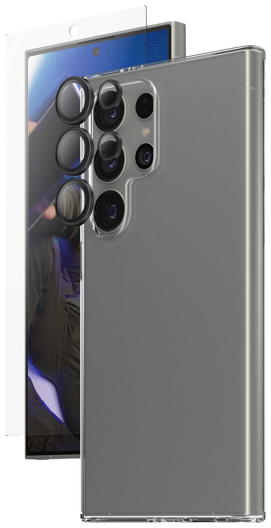 Ein graues Smartphone mit mehreren Kameralinsen auf der Rückseite. Ein Displayschutz ist leicht vom Bildschirm des Geräts angehoben.