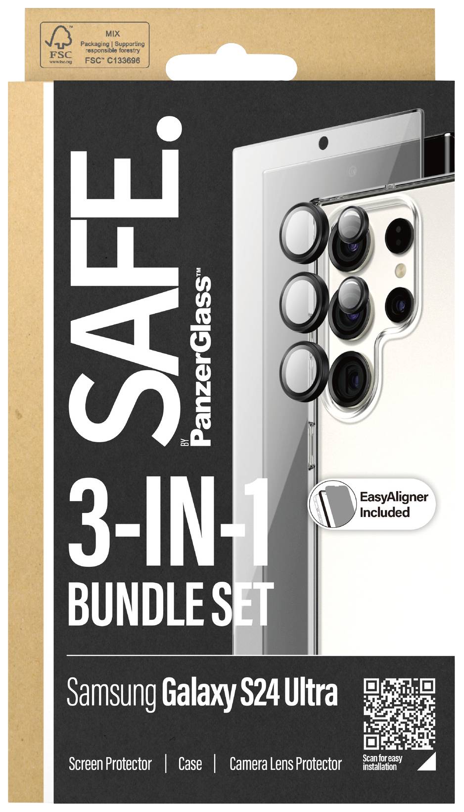 3-in-1 Bundle Set Verpackung für Samsung Galaxy S24 Ultra, enthält PanzerGlass Schutzfolie, Hülle und Kameralinsenschutz. EasyAligner inklusive.