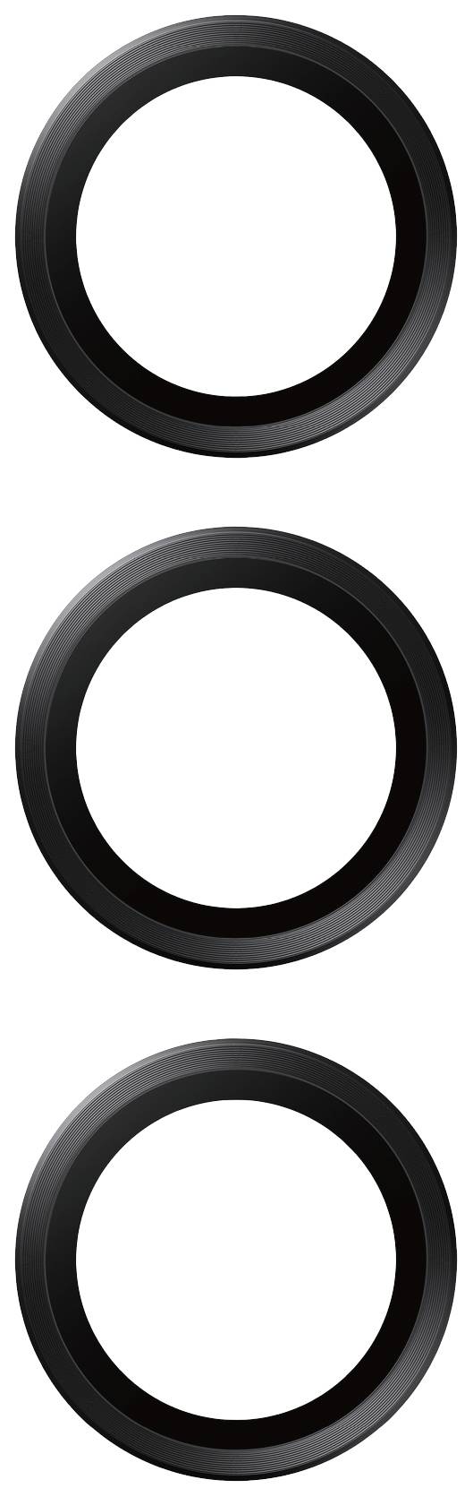 Drei schwarze Ringe in vertikaler Anordnung vor weißem Hintergrund.