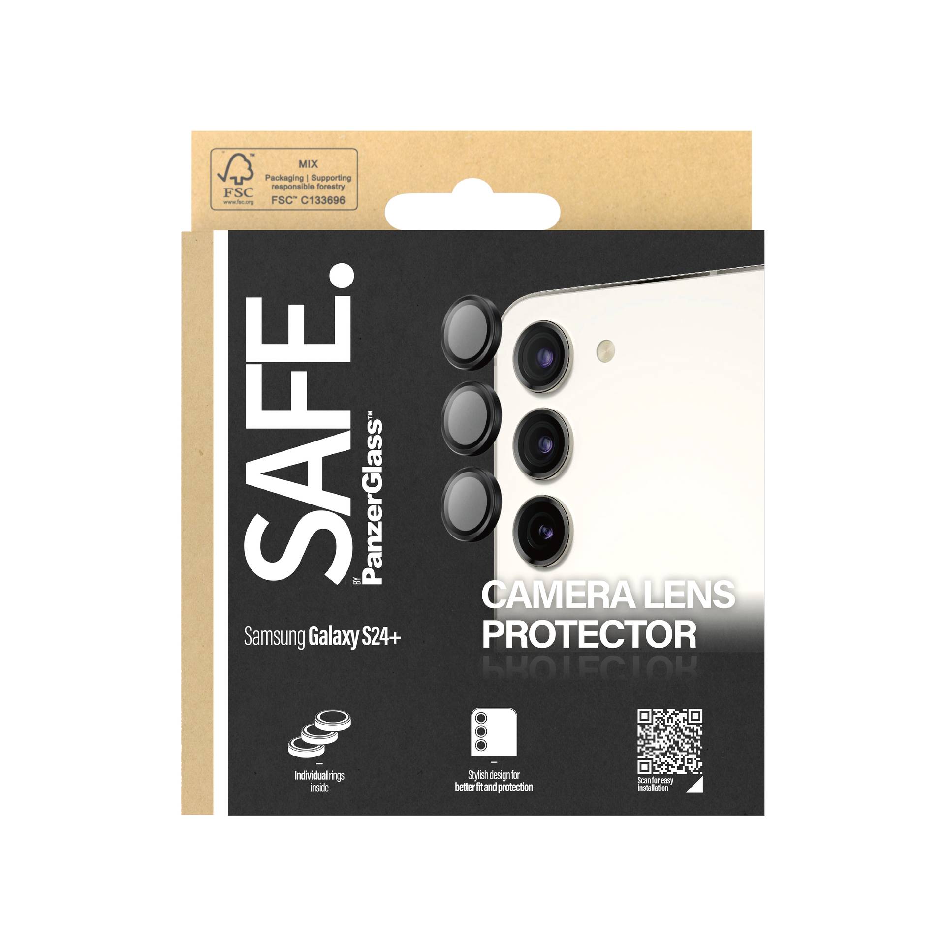 Verpackung eines Kameraobjektivschutzes für Samsung Galaxy S24+, markiert mit 'SAFE', zeigt die Position des Schutzes über den Kameralinsen.