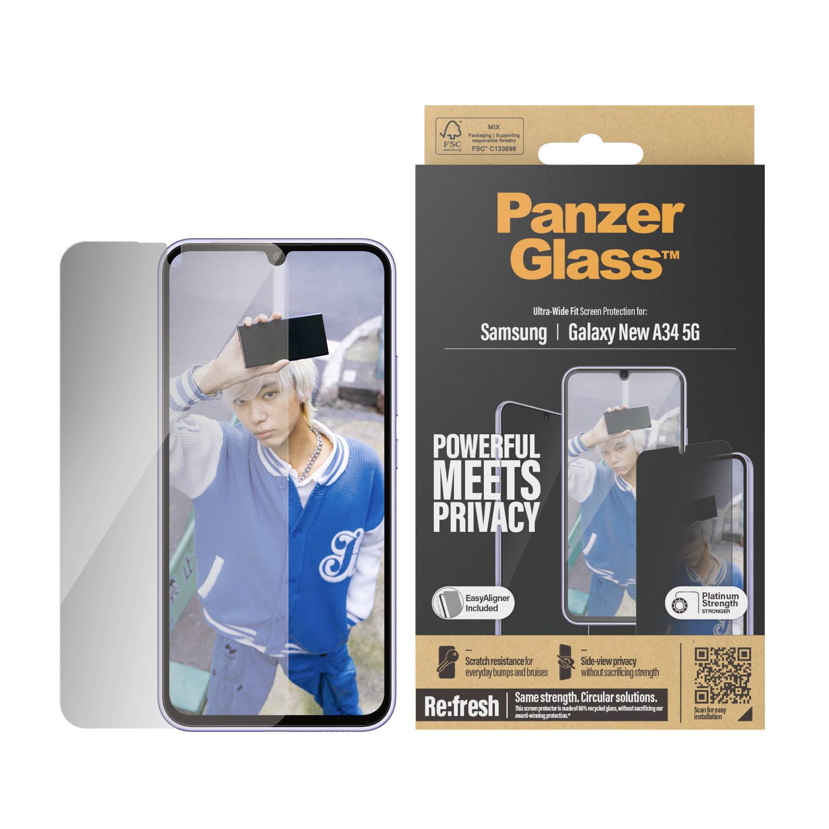 'PanzerGlass' Displayschutz für Samsung Galaxy A34 5G. Verpackung zeigt eine Person mit Smartphone. Text: 'Powerful meets privacy'.