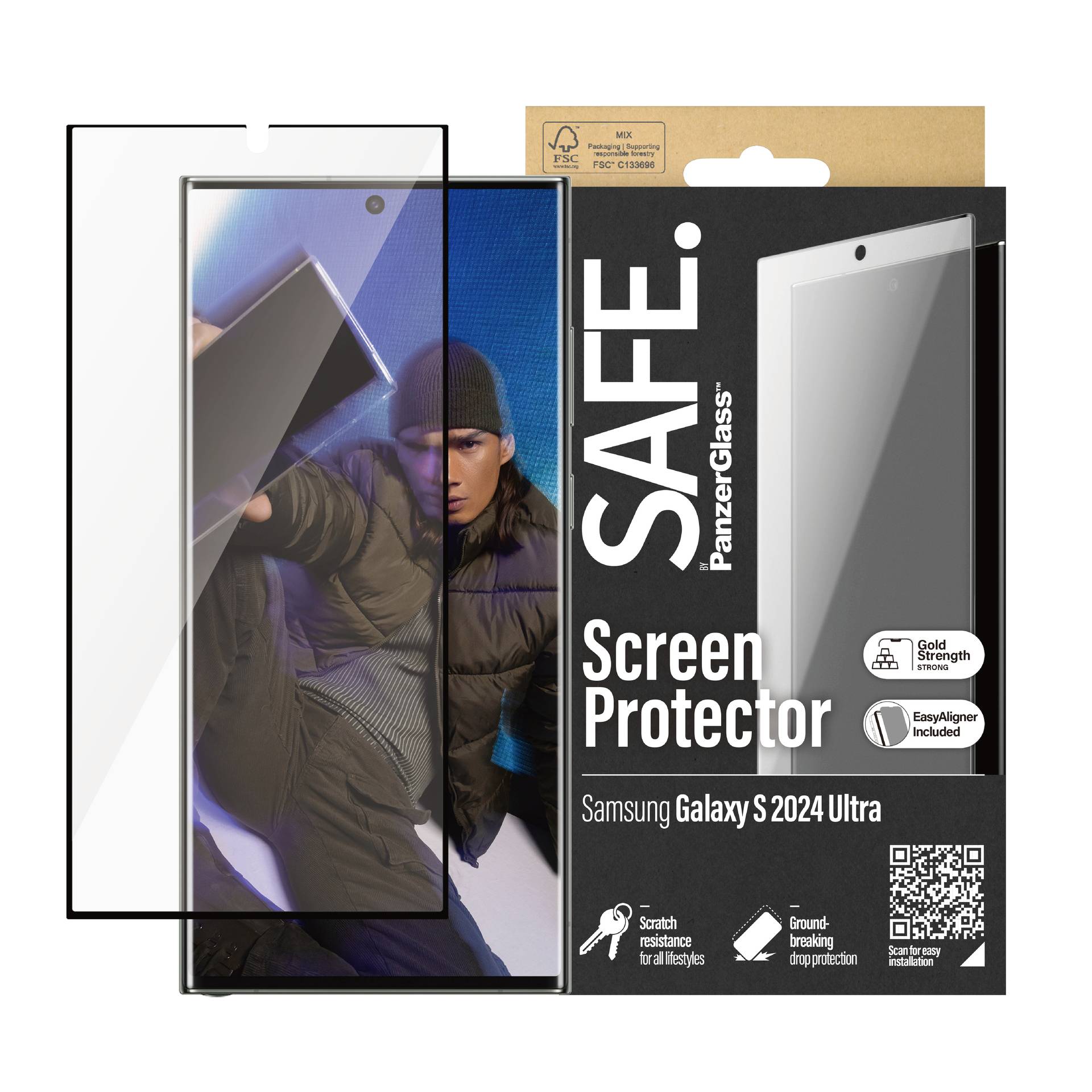 Displayschutzfolie 'SAFE. PanzerGlass' für Samsung Galaxy S2024 Ultra auf schwarzer Verpackung, inklusive Montagerahmen.