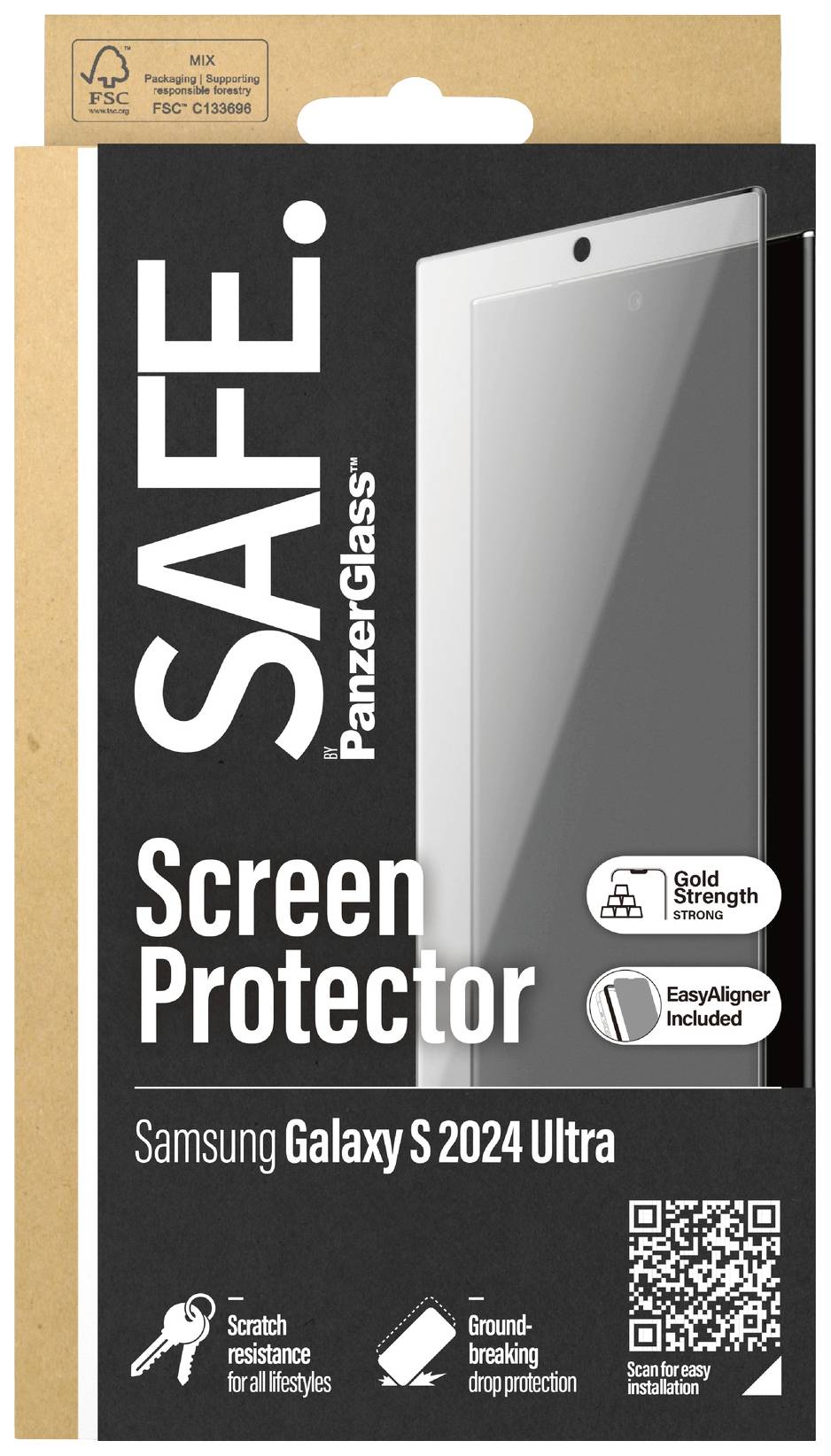 'SAFE. PanzerGlass Screen Protector' Verpackung für Samsung Galaxy S 2024 Ultra. Enthält Informationen über Kratzfestigkeit und Ausrichtwerkzeug.