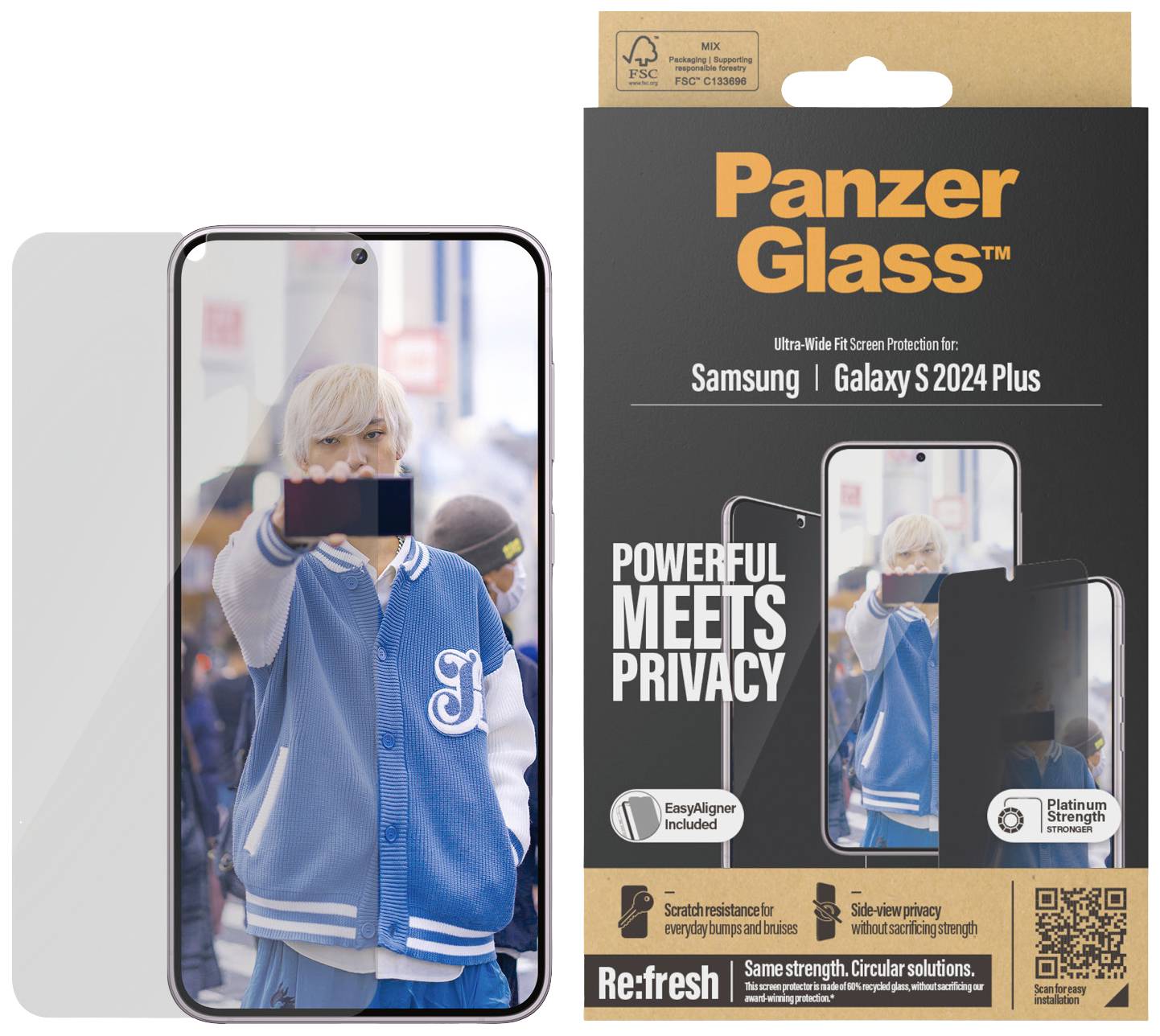 Ein Panzerglas-Schutz für ein Samsung Galaxy S2024 Plus, zeigt ein Telefon mit einem Portrait-Foto auf dem Display, Verpackung daneben.