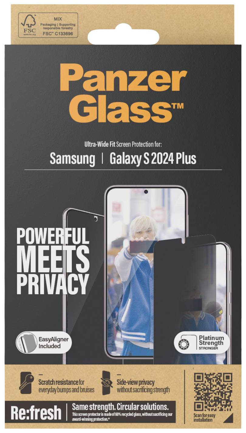Verpackung eines PanzerGlass-Displayschutzes für Samsung Galaxy S2024 Plus. Enthält Text 'Powerful Meets Privacy' und EasyAligner.