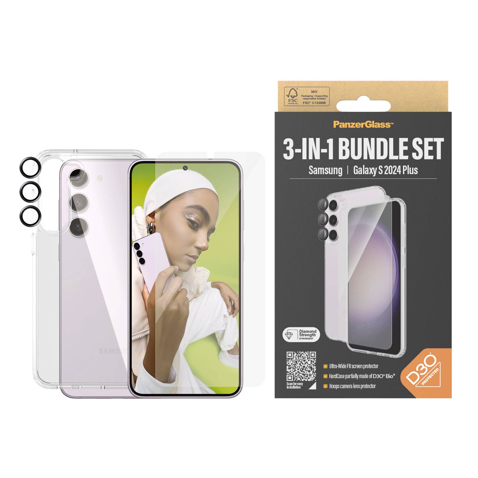 '3-in-1 Bundle Set' Verpackung und Samsung Galaxy S2024 Plus mit Griffhalterung, Displayschutz und Kameraabdeckung. Frau im Hintergrund.