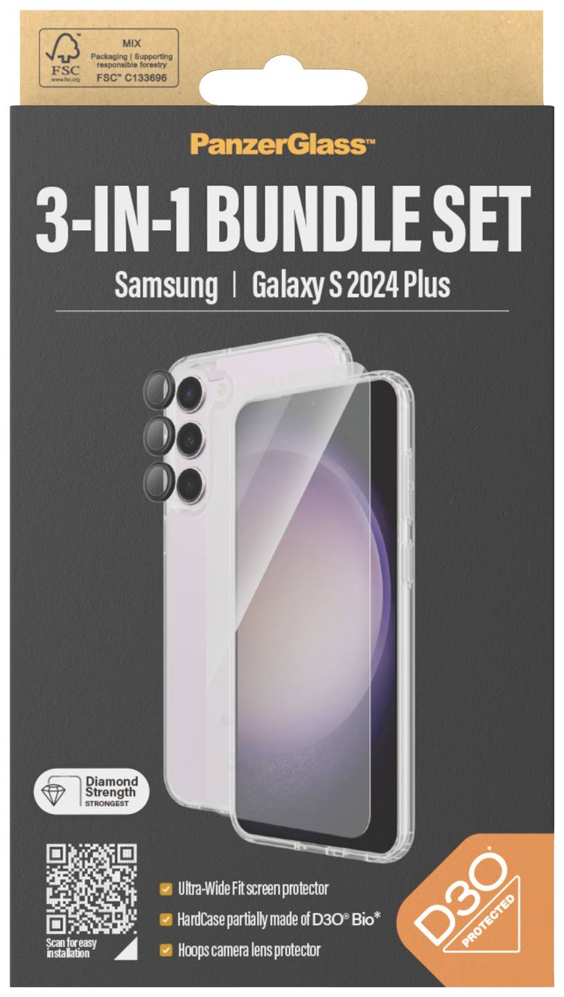 Die Verpackung zeigt ein '3-IN-1 BUNDLE SET' für 'Samsung Galaxy S 2024 Plus', bestehend aus einem Display-Schutz, einer Handhülle und einem Kamera-Linsenschutz.