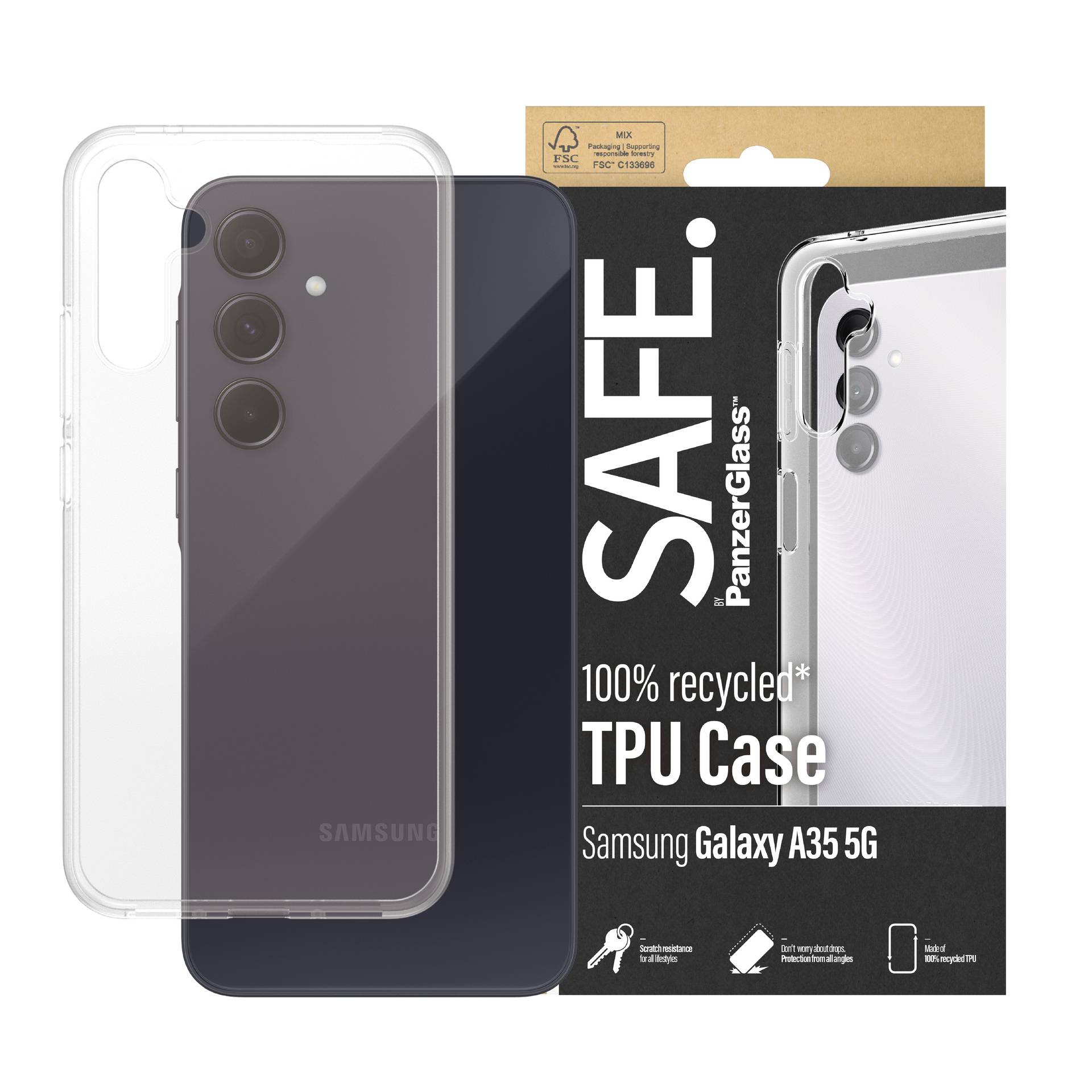 Eine durchsichtige TPU-Handyhülle neben einer Verpackung, auf der 'SAFE. 100% recycled TPU Case Samsung Galaxy A35 5G' steht.