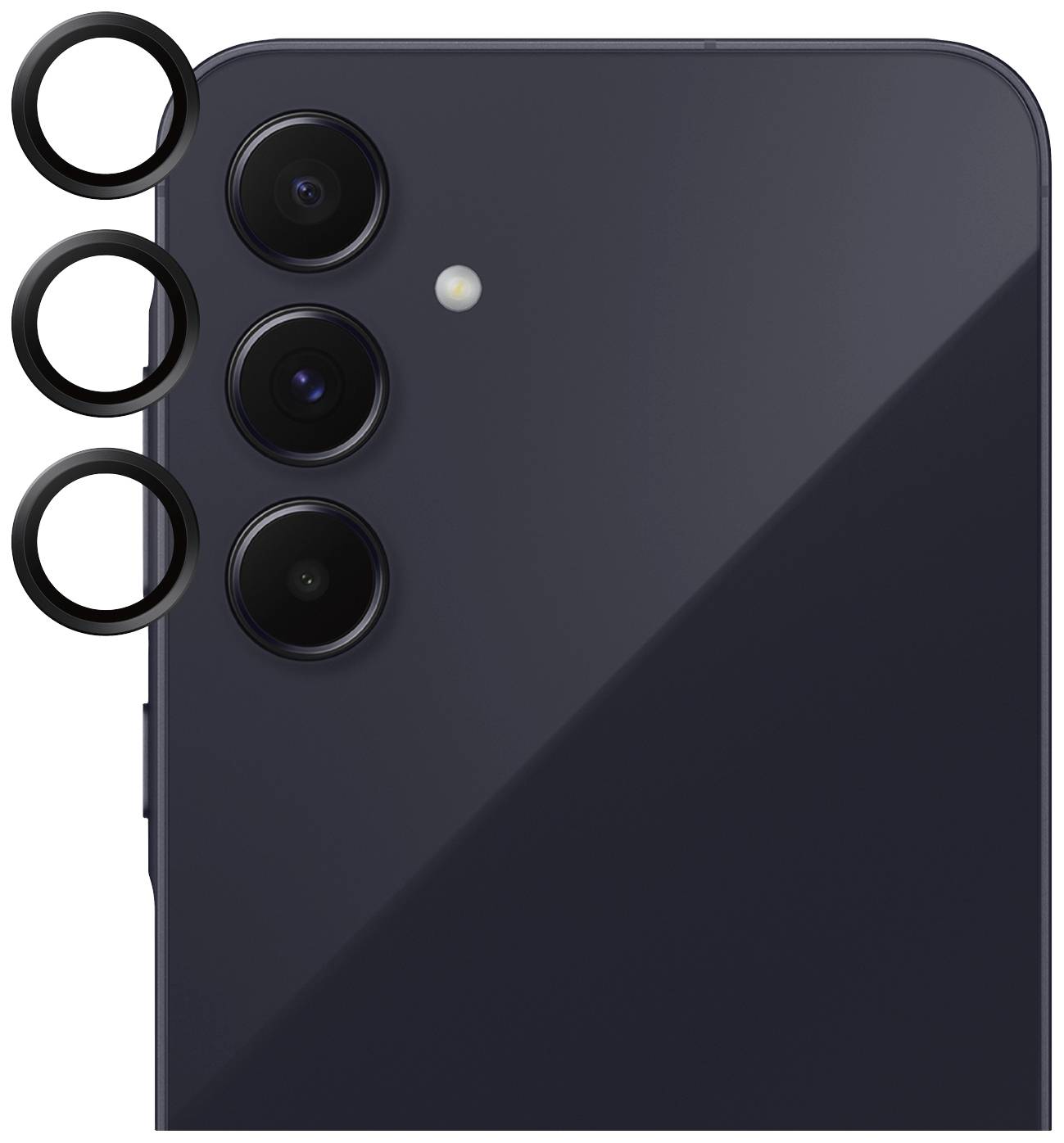 Smartphone-Rückseite in Dunkelblau mit drei Kameraobjektiven und Blitz.
