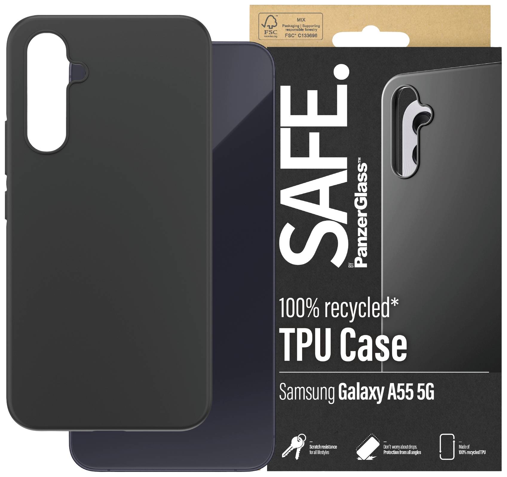 Schwarzes Handyhülle aus 100% recyceltem TPU für Samsung Galaxy A55 5G. Verpackung mit Aufschrift 'SAFE. 100% recycled TPU Case'.