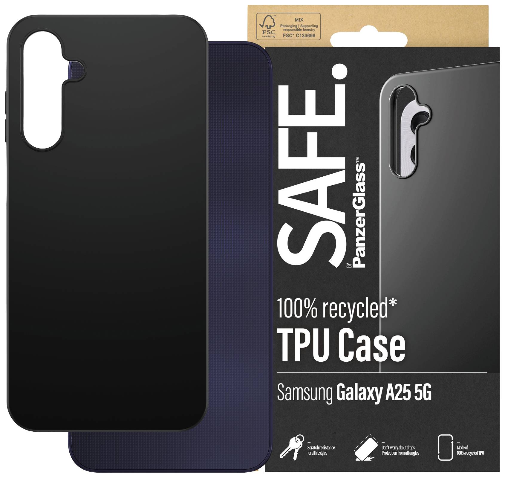 Schwarze Handyhülle 'SAFE PanzerGlass' aus recyceltem TPU-Material für Samsung Galaxy A25 5G. Verpackung im Hintergrund.