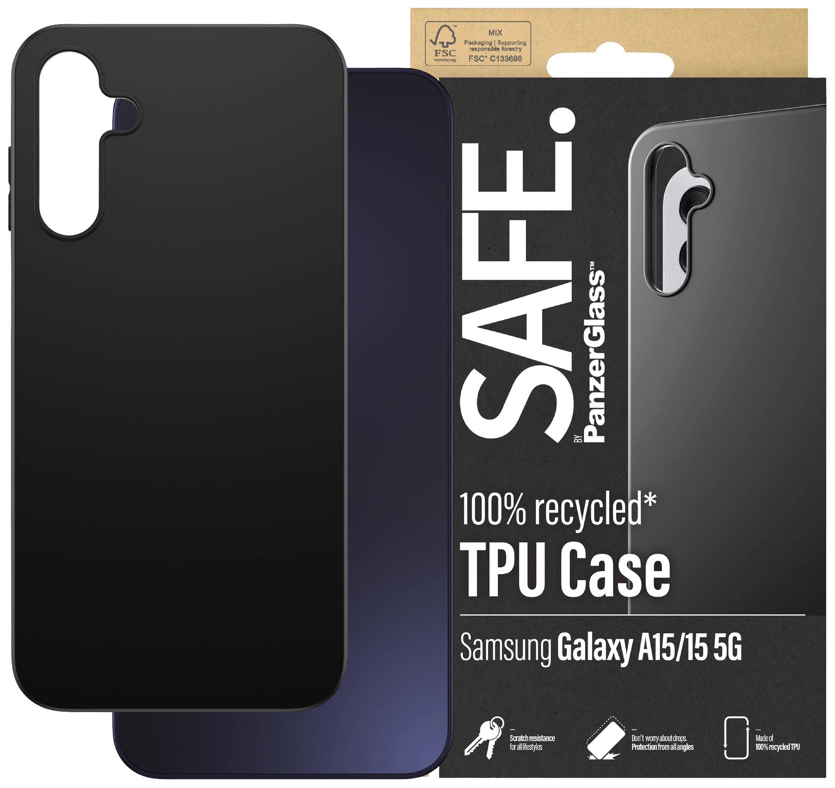 Schwarze, recycelte TP-Hülle für Samsung Galaxy A15/15 5G von PanzerGlass mit Verpackung, die Nachhaltigkeit und Kompatibilität hervorhebt.