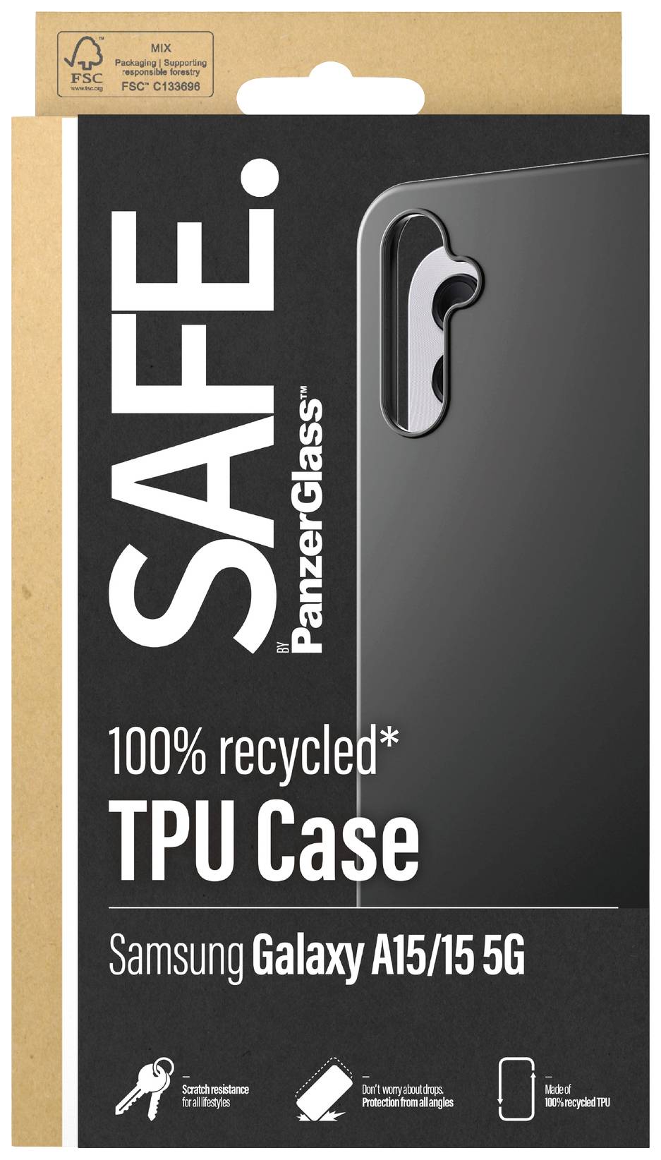 'Hülle aus 100 % recyceltem TPU für Samsung Galaxy A15/15 5G von PanzerGlass, schwarze Farbe. Verpackung zeigt umweltfreundliches Material.'