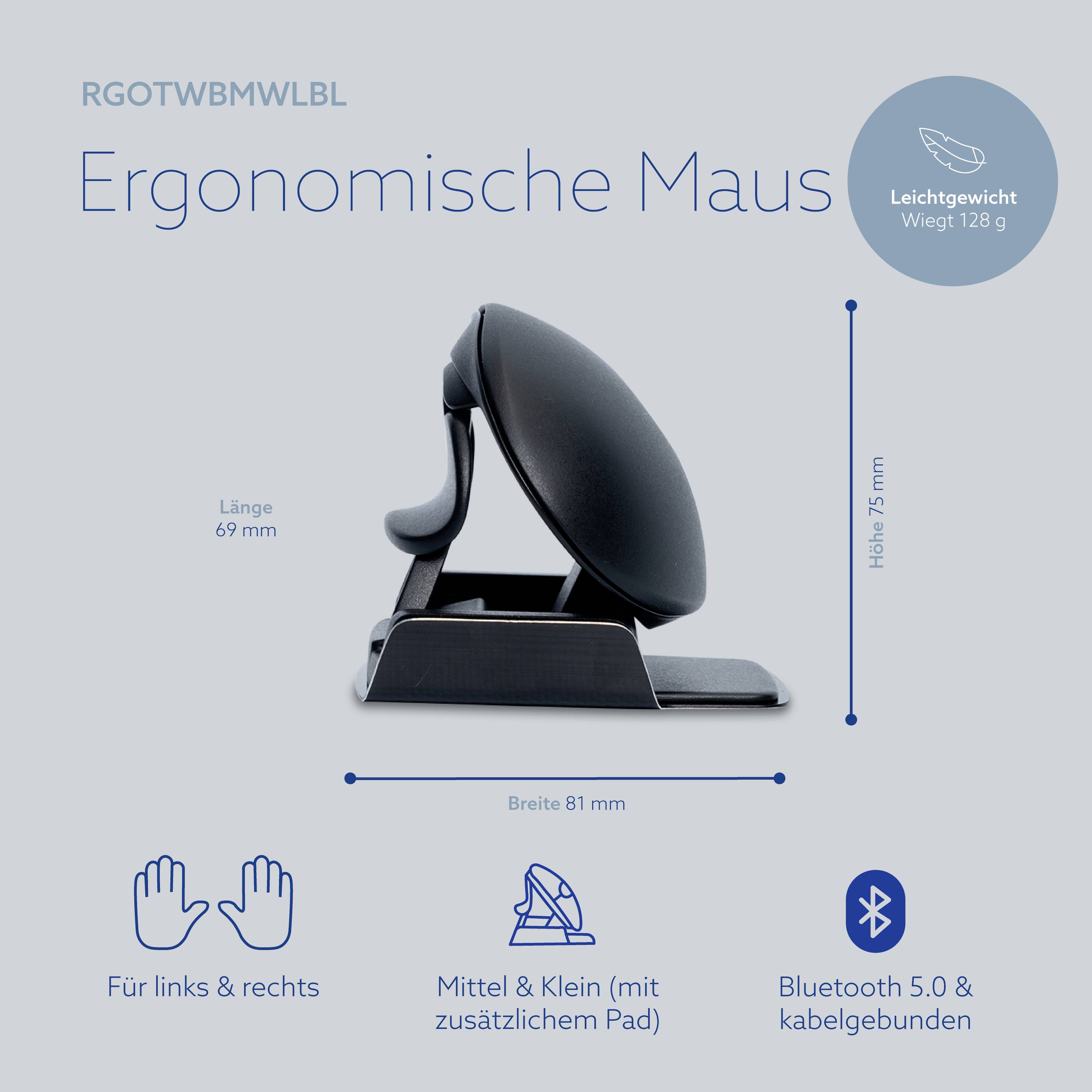 Ergonomische Maus, leicht, 69 mm Länge, 81 mm Breite, 75 mm Höhe. Für links und rechts, Bluetooth 5.0, mit zusätzlichem Pad.