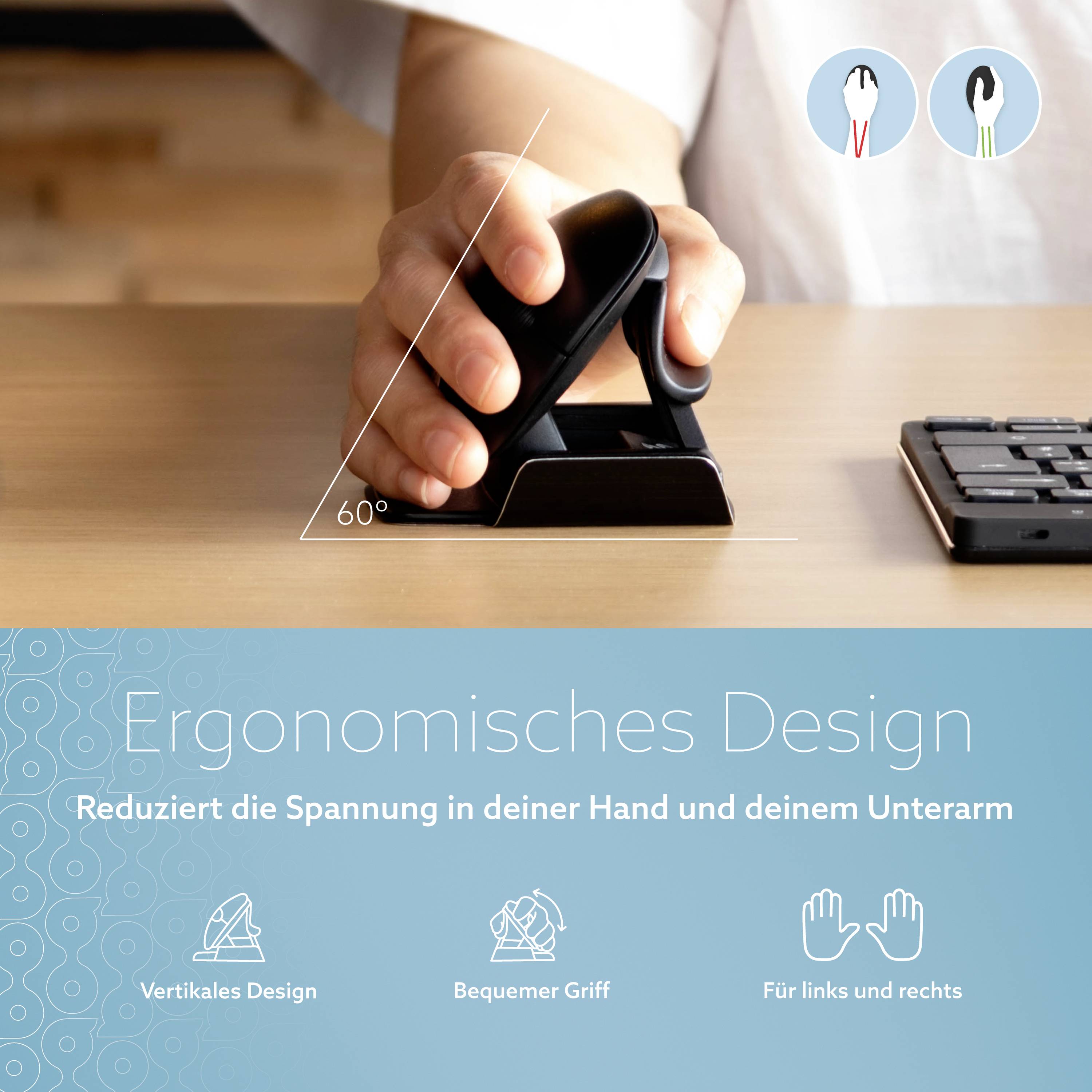 Vertikale ergonomische Computermaus, die mit 60 Grad Neigung gehalten wird, reduziert Spannung in Hand und Unterarm.