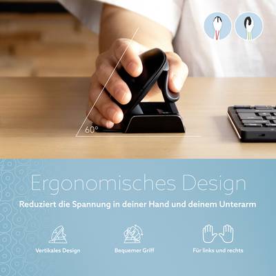 Vertikale ergonomische Computermaus, die mit 60 Grad Neigung gehalten wird, reduziert Spannung in Hand und Unterarm.