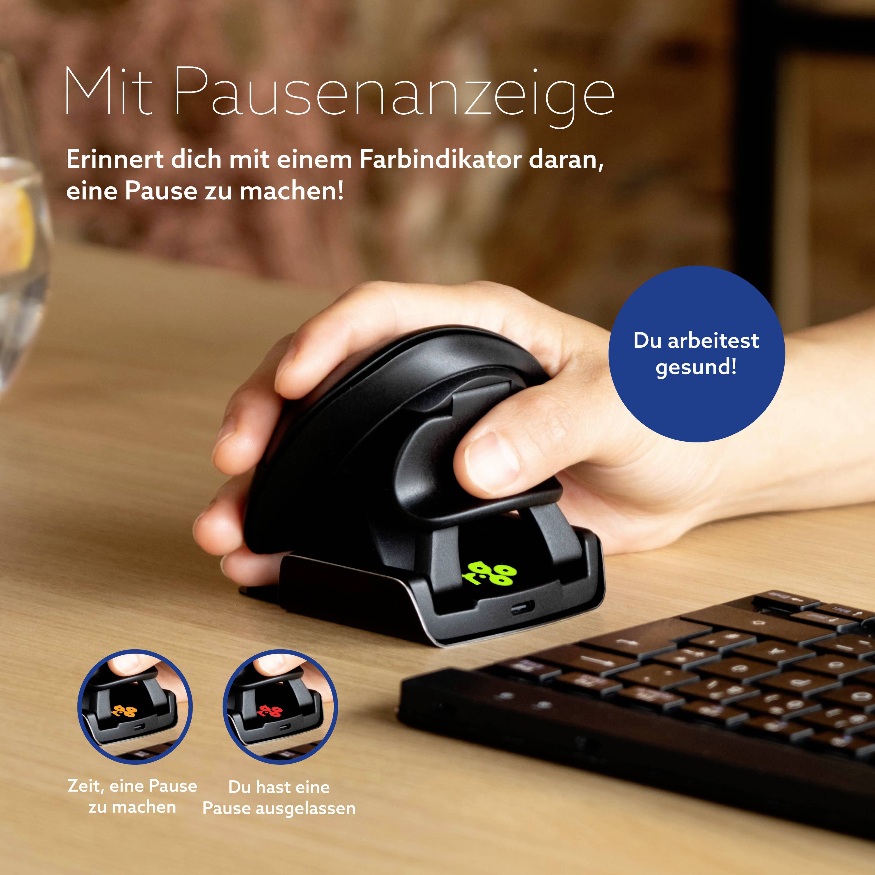 Eine Hand auf Maus mit Timer. Text: 'Mit Pausenanzeige'. Hinweis: 'Du arbeitest gesund!' Funktion: Pauserinnerung durch Farbsignal.