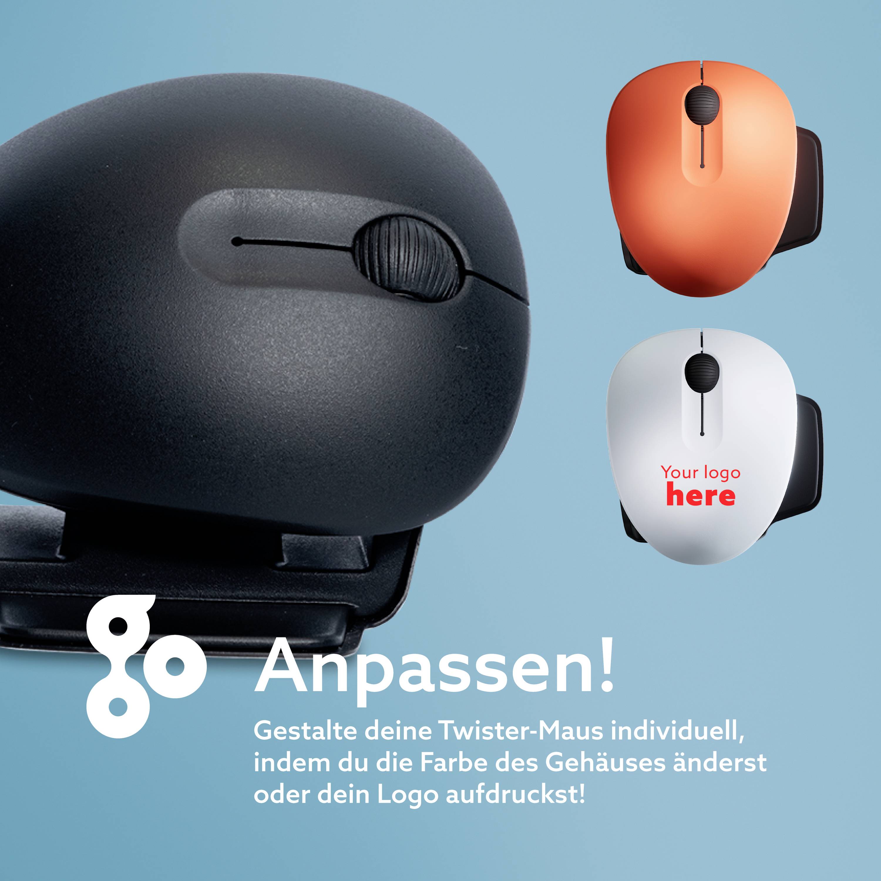 Eine schwarze Maus mit ergonomischem Design. Rechts sind zwei Beispiele für individuelle Anpassungen mit einem Logo und Farbauswahl. Text: 'Anpassen!' und Anpassungsdetails.