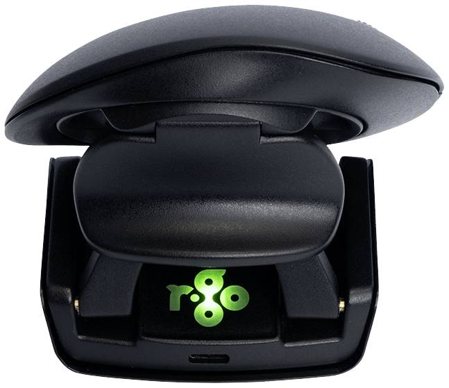 Eine schwarze ergonomische Maus mit einem leuchtenden grünen 'rgo'-Logo darunter.