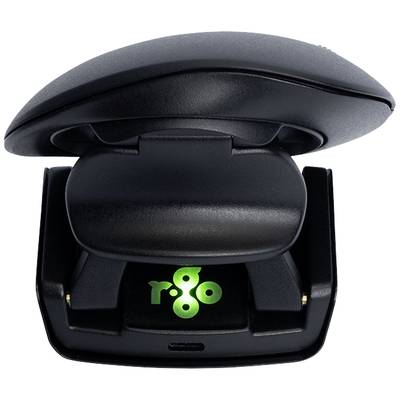 Eine schwarze ergonomische Maus mit einem leuchtenden grünen 'rgo'-Logo darunter.
