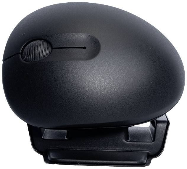 Eine ergonomische, schwarze Computermaus, die wie ein Stein geformt ist, auf einem weißen Hintergrund.