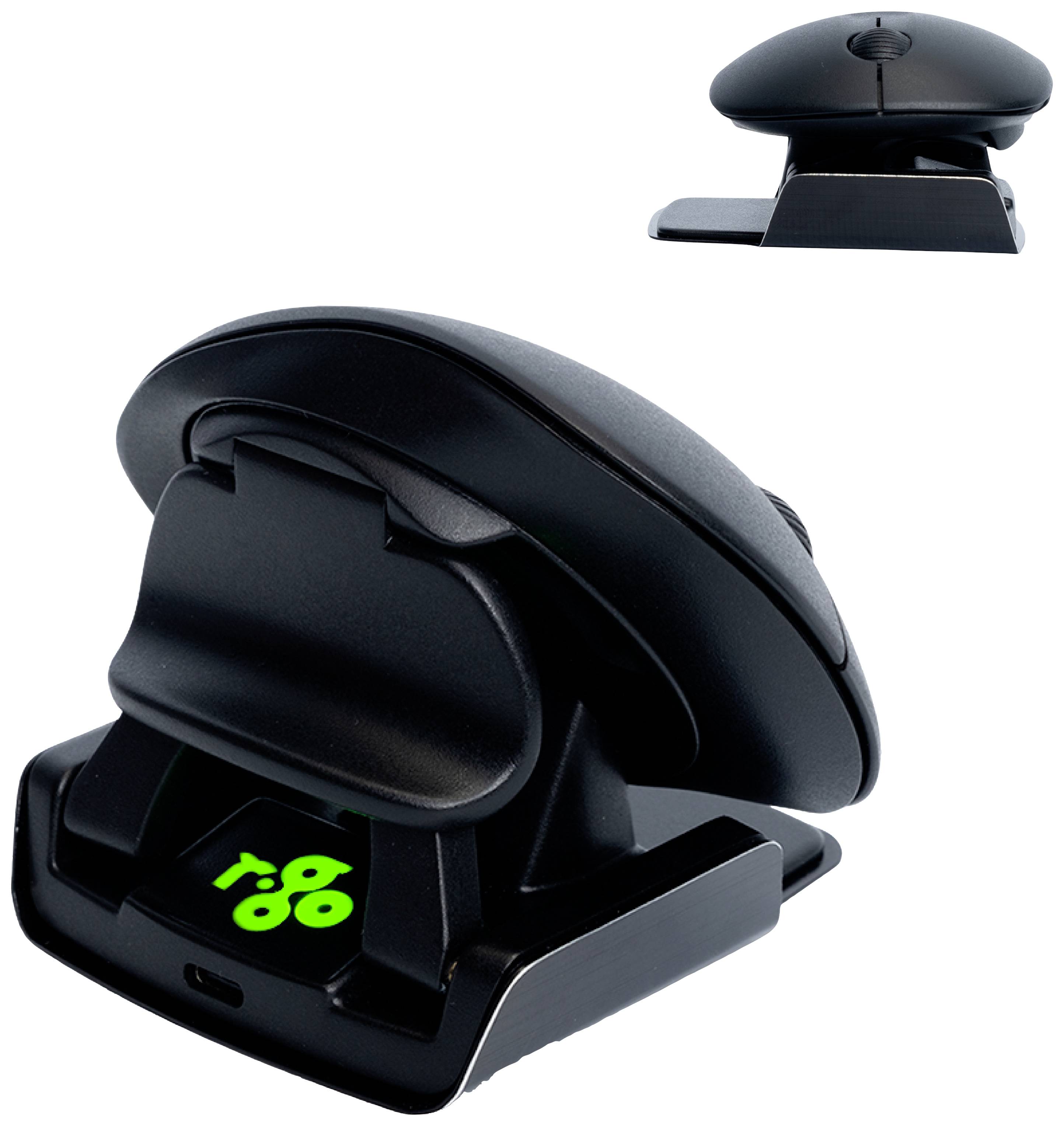 Eine schwarze vertikale Computermaus mit Ladestation; zeigt eine grüne LED-Anzeige.