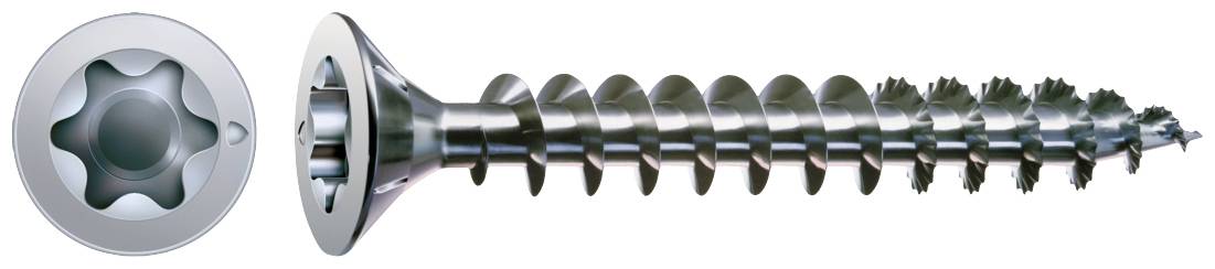 Schraube mit Torx-Kopf und Holzgewinde, Ansicht von oben und Seite, geeignet für Holzarbeiten.