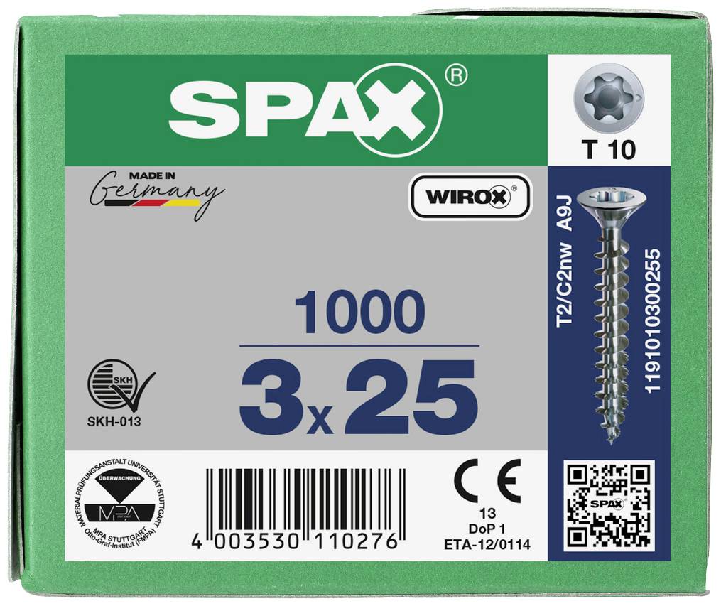 Grüne Verpackung von 1000 SPAX-Schrauben, Größe 3x25 mm, Made in Germany. Oben rechts ein Bild der Schraube, QR-Code unten rechts.