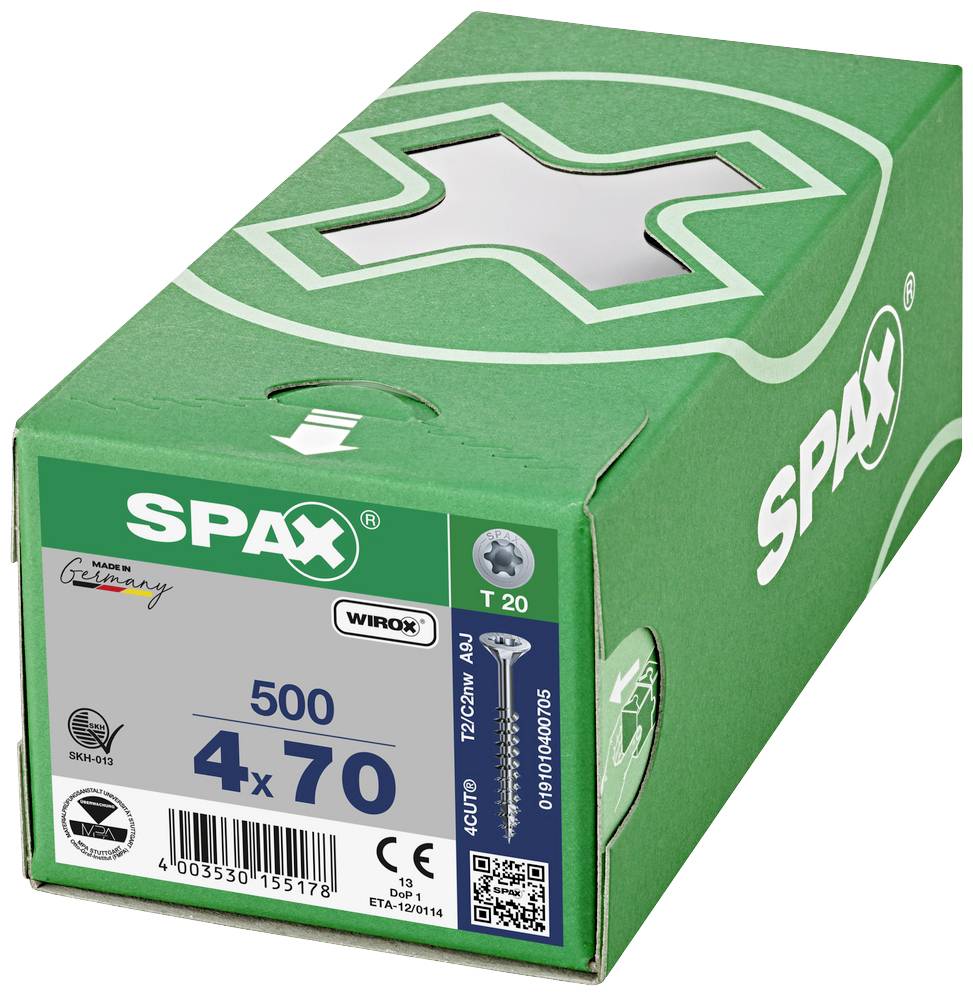 Grüne Schachtel von SPAX mit Schrauben, Größe 4x70 mm, 500 Stück. Zeigt ein Kreuzschlitz-Symbol und das WIROX-Logo.