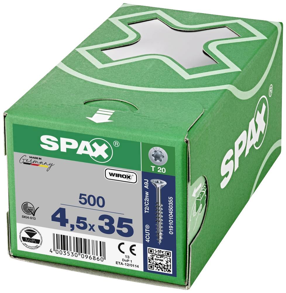 Grüne Verpackung von SPAX-Schrauben, Größenangabe '4,5 x 35', Menge 500 Stück, Sicherheits- und Qualitätszertifikate, Made in Germany.