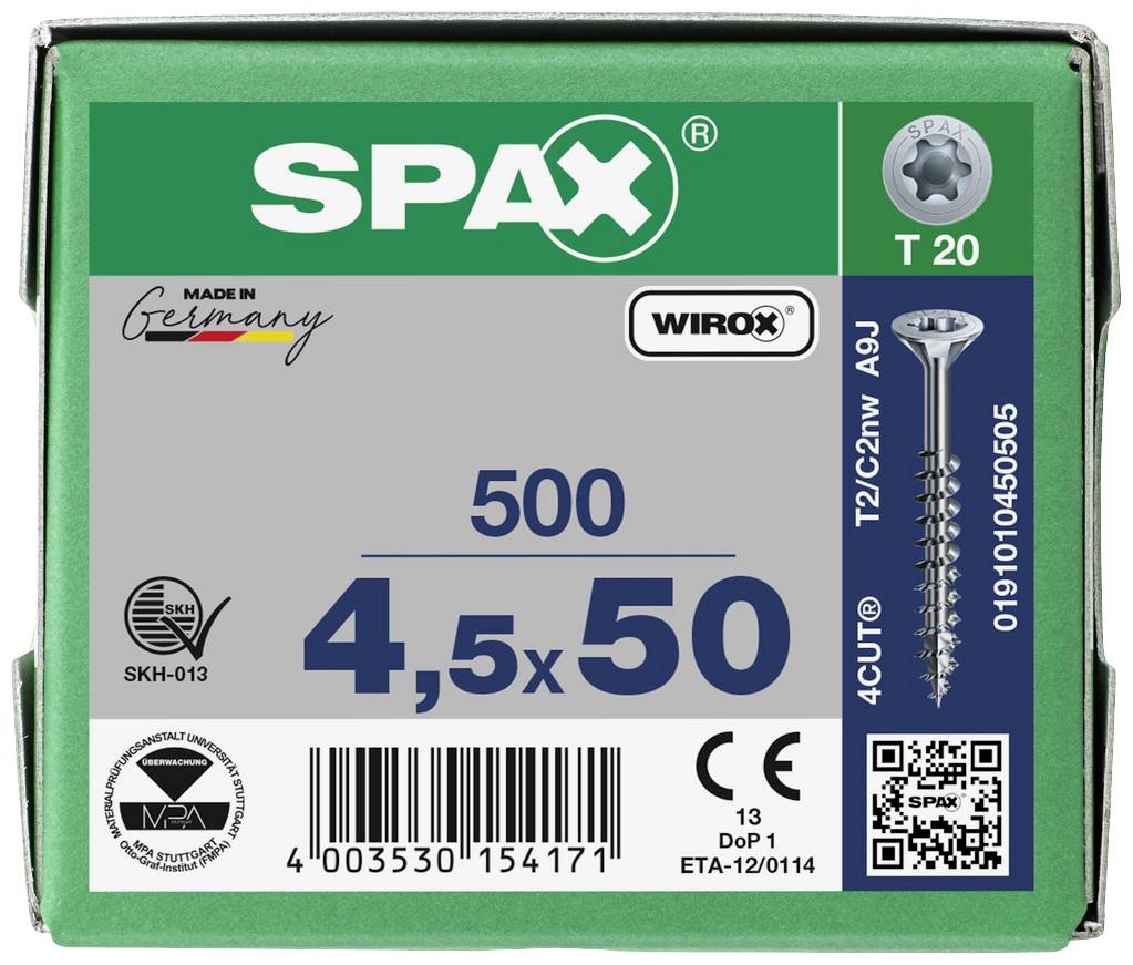 Schraubenverpackung von SPAX. Aufschrift: '4,5x50, 500 Stück, Wirox beschichtet, PZ 2.' Abbildung einer Schraube und QR-Code.