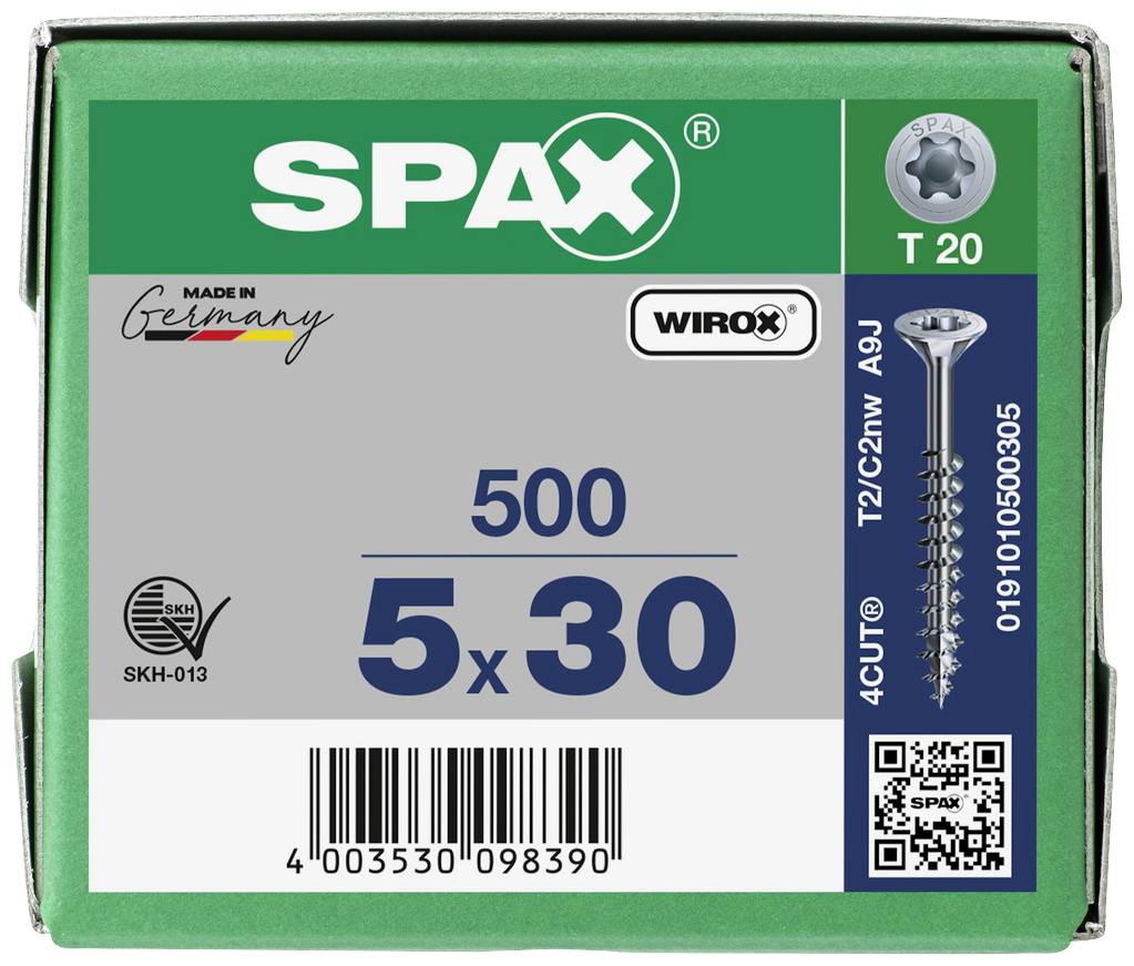 Grünes Paket mit der Aufschrift 'SPAX'. Enthält 500 Schrauben der Größe 5x30 mm. Made in Germany. QR-Code unten rechts.