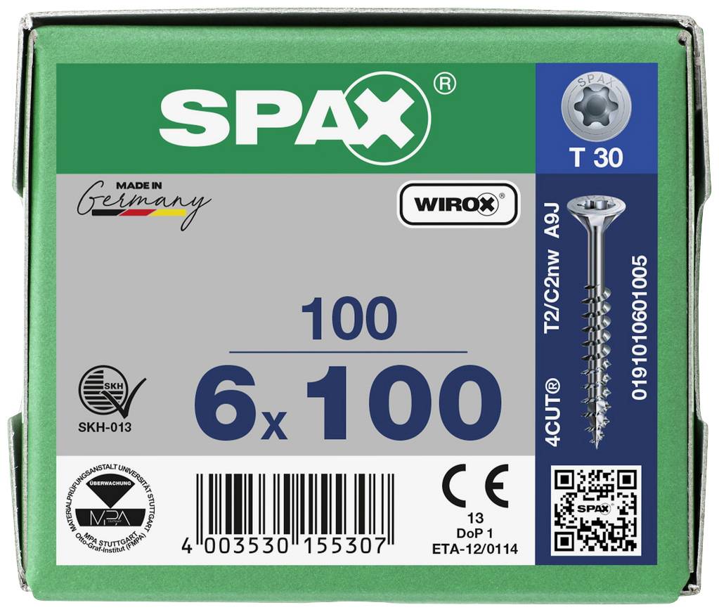 Verpackung einer 100er Packung SPAX-Schrauben, Größe 6x100mm, mit T30-Antrieb, 'Made in Germany'. Enthält Barcode und QR-Code.