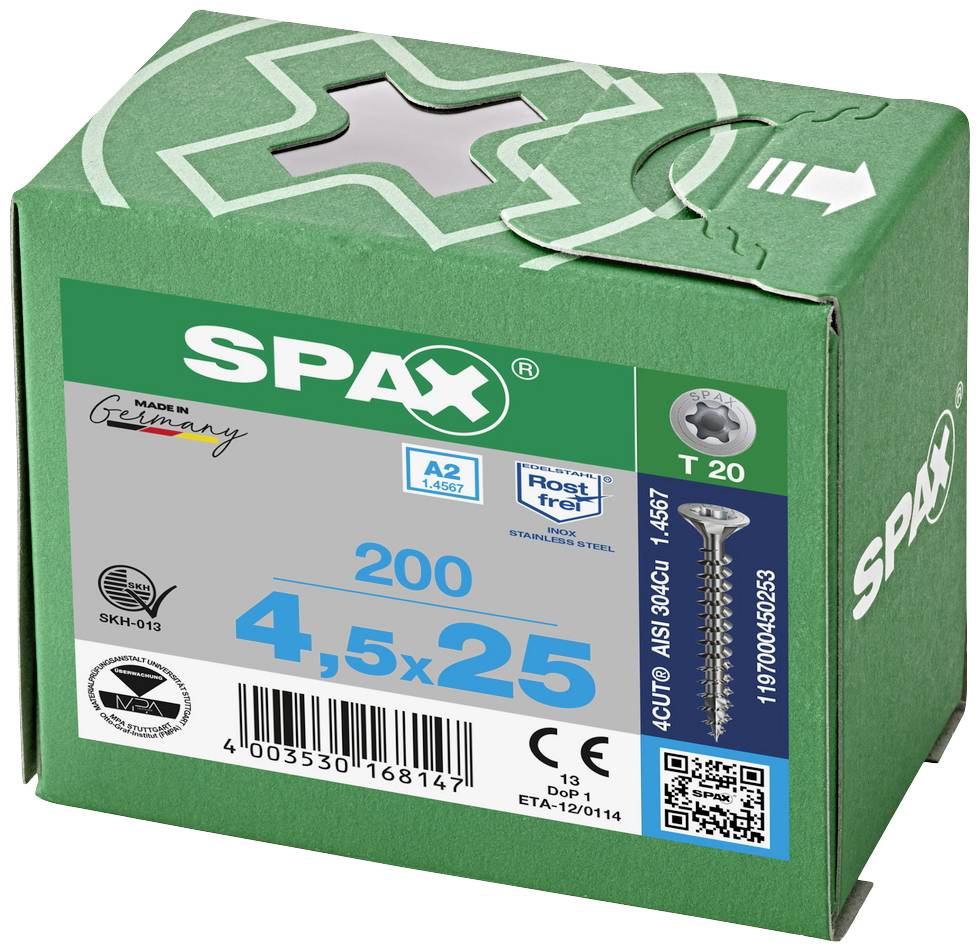 SPAX-Schraubenverpackung, 200 Stück, Größe 4,5x25 mm, mit T20 Kopf, geeignet für Holz; 'Made in Germany', rostfrei.