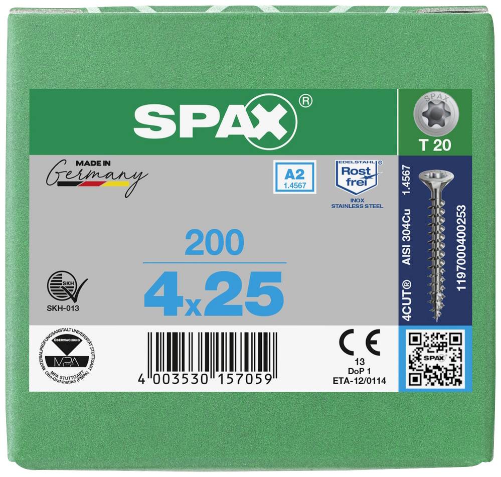 Grüne SPAX-Schraubenverpackung mit Aufdruck '200 4x25 mm', 'Rostfrei', und 'Made in Germany'. Zeigt technische Spezifikationen und Logos.