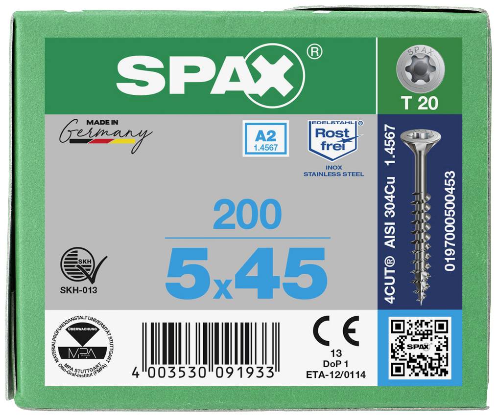 'SPAX' Schraubenverpackung, enthält 200 Schrauben, 5x45 mm, A2 Edelstahl, rostfrei, T20 Antrieb, SKH-013 zertifiziert, grüne Verpackung.